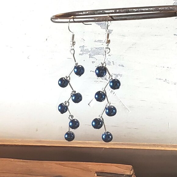 Handcrafted Blue Glass Pearl Zig Zag Geometric Dangle Earrings - Picture 1 of 8